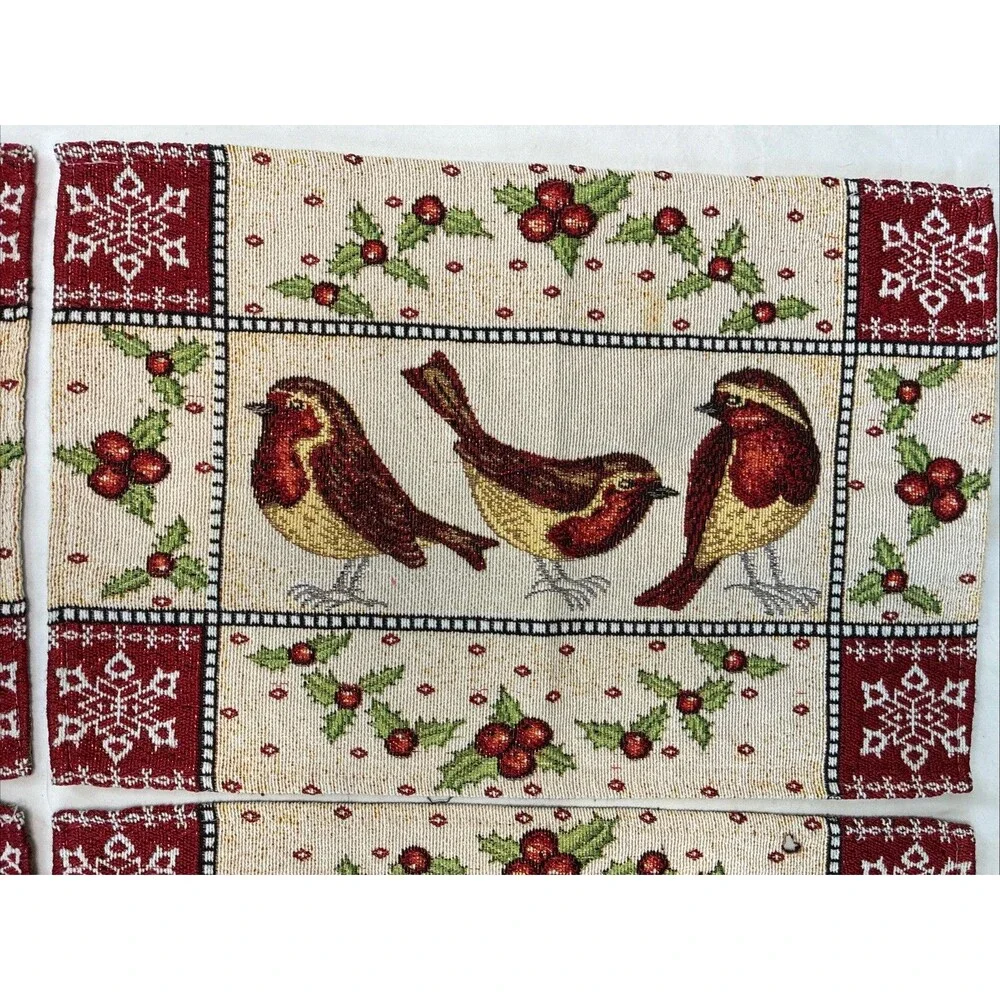 Christmas Winter Bird Tapestry Placemats Set/4 Holiday Snow Holly Gold Metallic
